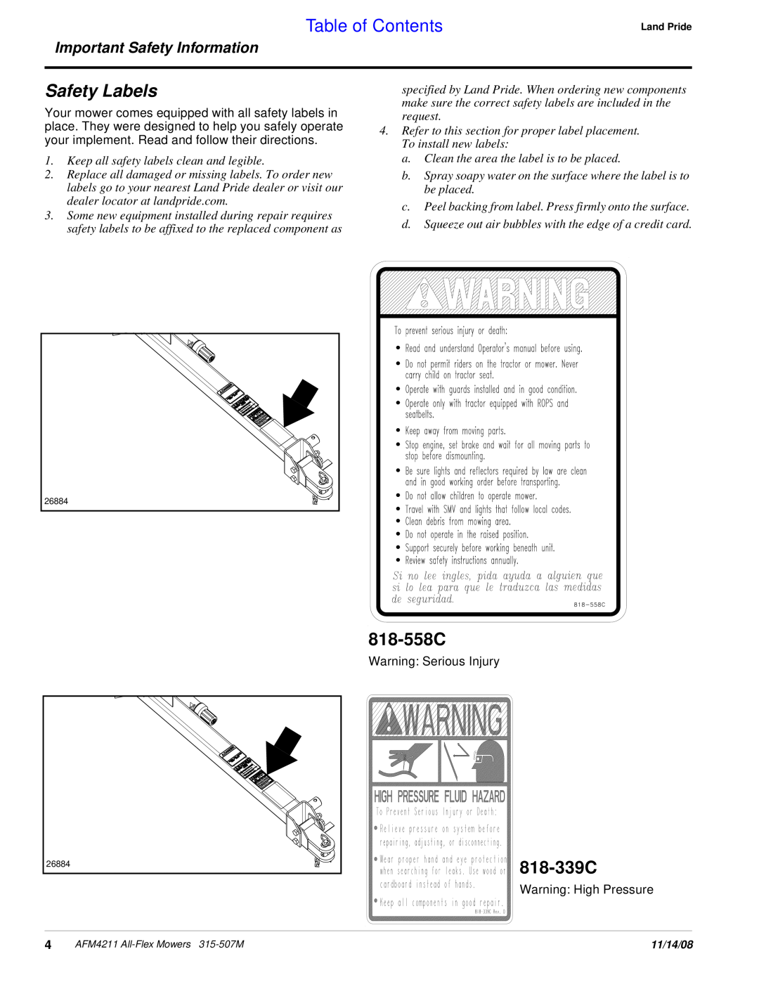 Land Pride AFM4211 manual Safety Labels, 818-339C, 818-558C, Table of Contents, Important Safety Information 