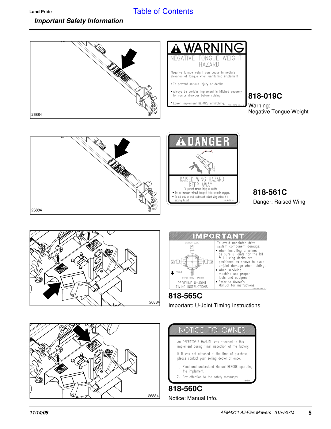 Land Pride AFM4211 manual 818-019C, 818-561C, 818-565C, 818-560C, Important U-Joint Timing Instructions, Notice Manual Info 