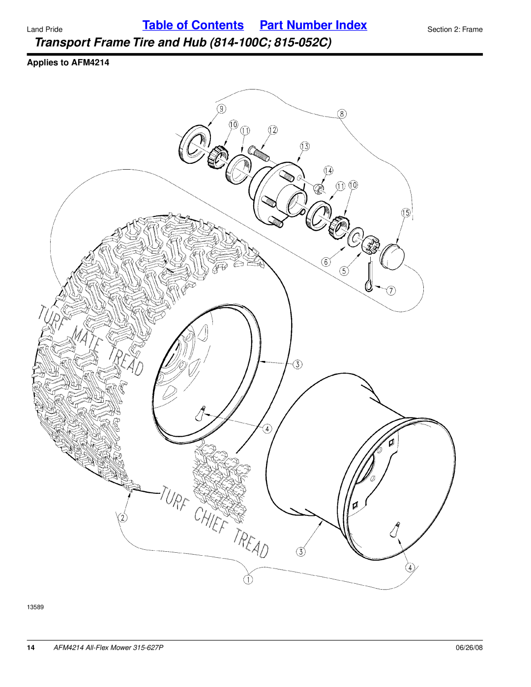 Land Pride AFM4214 manual Transport Frame Tire and Hub 814-100C 815-052C 