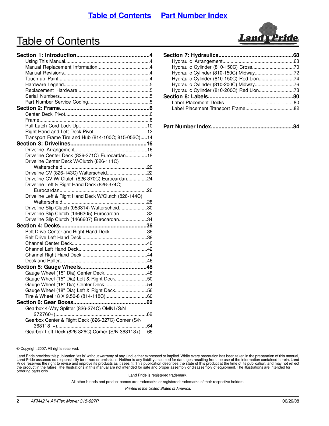 Land Pride AFM4214 manual Table of Contents 