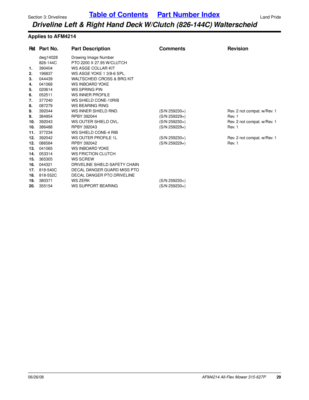 Land Pride AFM4214 manual WS Inner Profile, WS Outer Profile 1L, WS Friction Clutch 