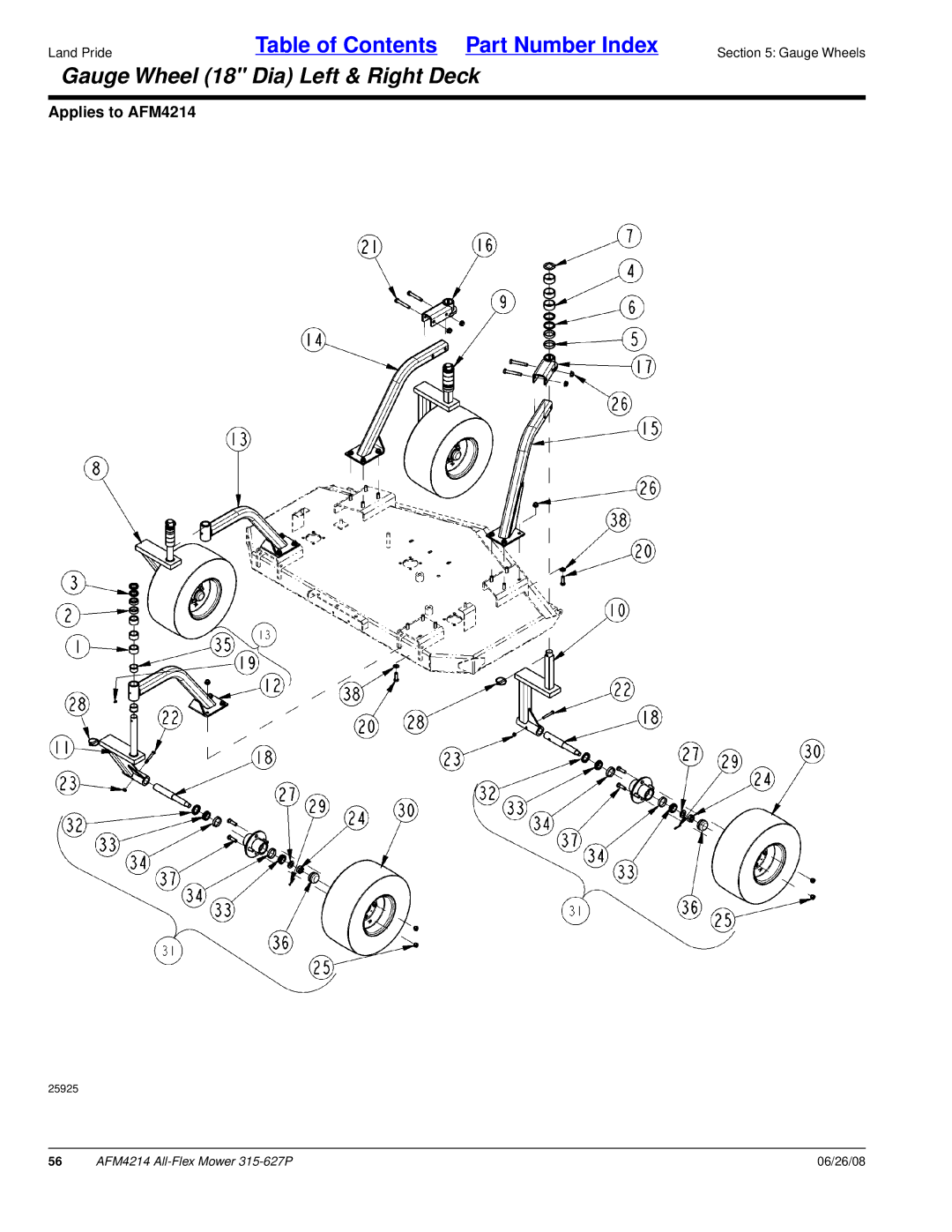 Land Pride AFM4214 manual Gauge Wheel 18 Dia Left & Right Deck 