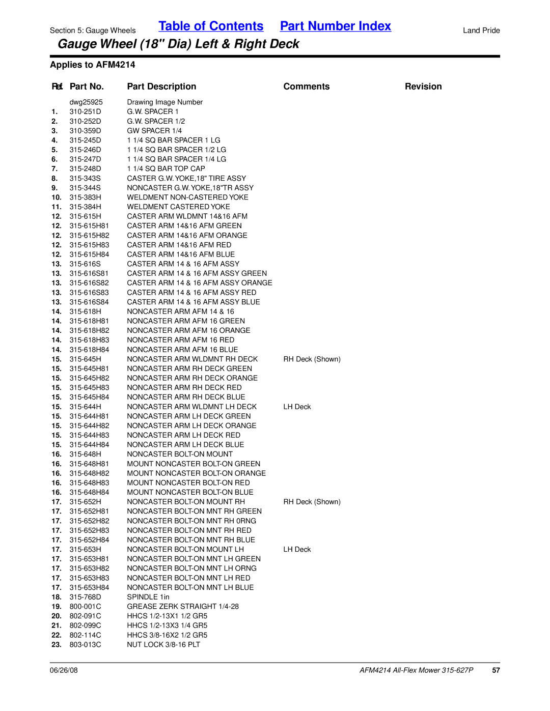 Land Pride AFM4214 manual 315-344S Noncaster G.W. YOKE,18TR Assy, Weldment NON-CASTERED Yoke, Noncaster ARM Wldmnt RH Deck 