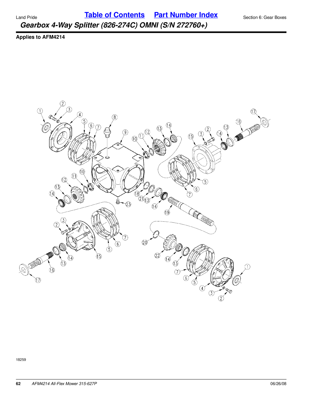 Land Pride AFM4214 manual Gearbox 4-Way Splitter 826-274C Omni S/N 272760+ 