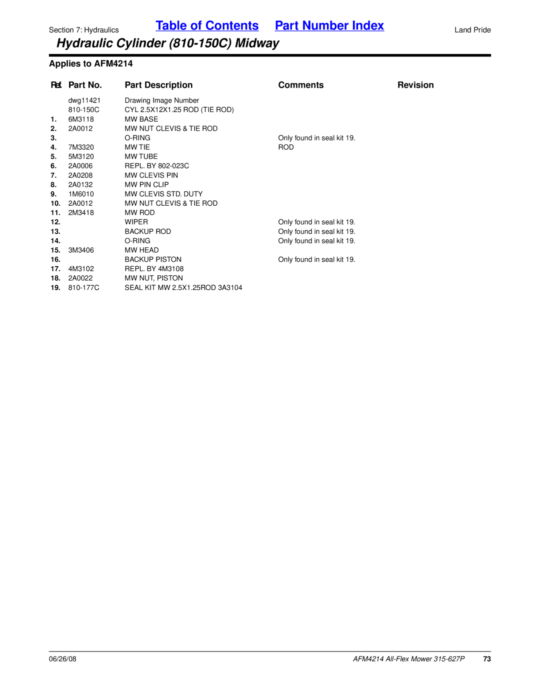 Land Pride AFM4214 MW Base, MW NUT Clevis & TIE ROD Ring, Mw Tie Rod, MW Tube, MW Clevis PIN, MW PIN Clip, MW ROD Wiper 