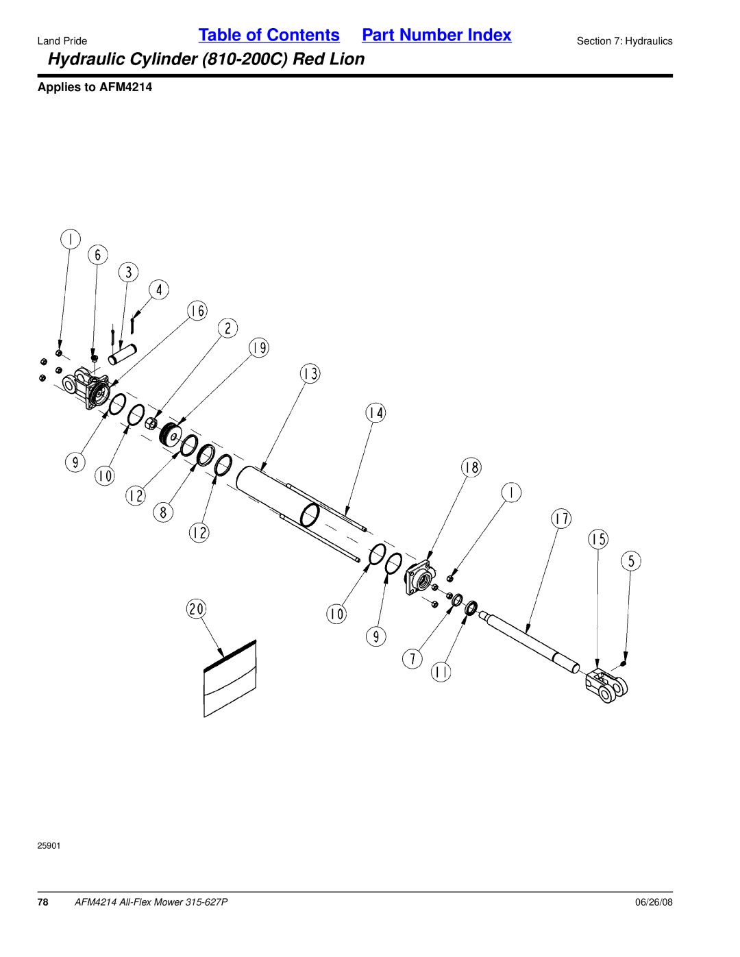 Land Pride AFM4214 manual Hydraulic Cylinder 810-200C Red Lion 