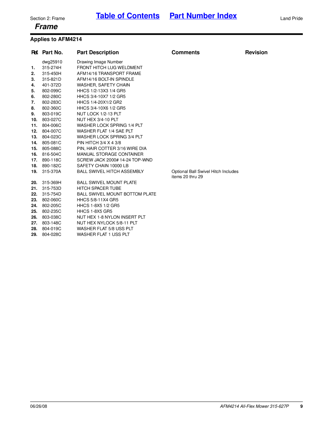 Land Pride AFM4214 315-274H Front Hitch LUG Weldment, 401-372D WASHER, Safety Chain, 11 -006C Washer Lock Spring 1/4 PLT 