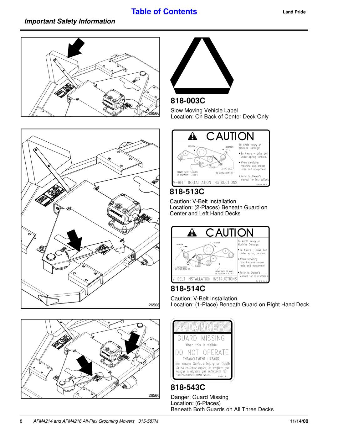 Land Pride AFM4214 manual 818-003C, 818-513C, 818-543C 