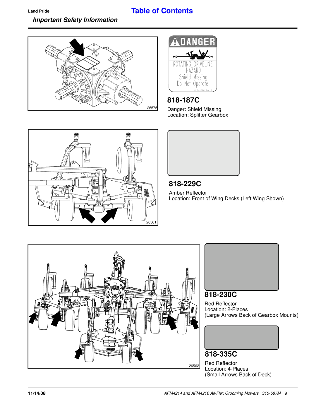 Land Pride AFM4214 manual 818-229C, 818-230C, 818-335C 