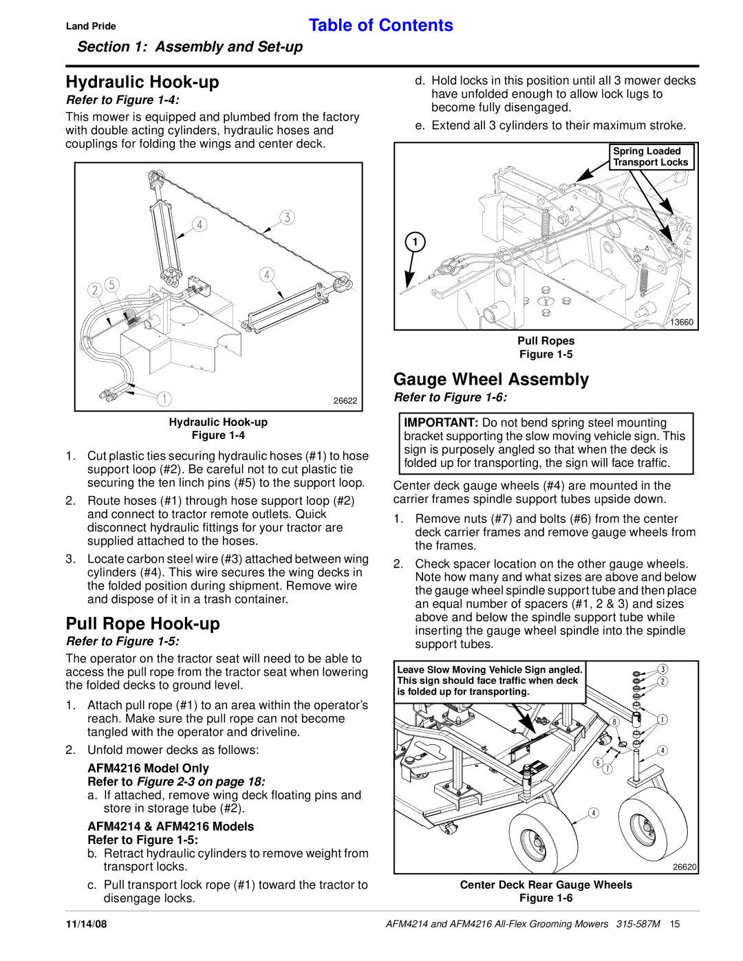 Land Pride AFM4214 manual Hydraulic Hook-up, Gauge Wheel Assembly, Pull Rope Hook-up, AFM4216 Model Only 