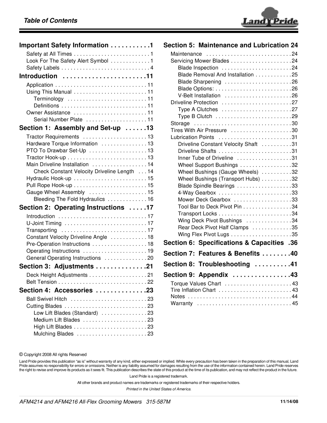 Land Pride AFM4214 manual Table of Contents 