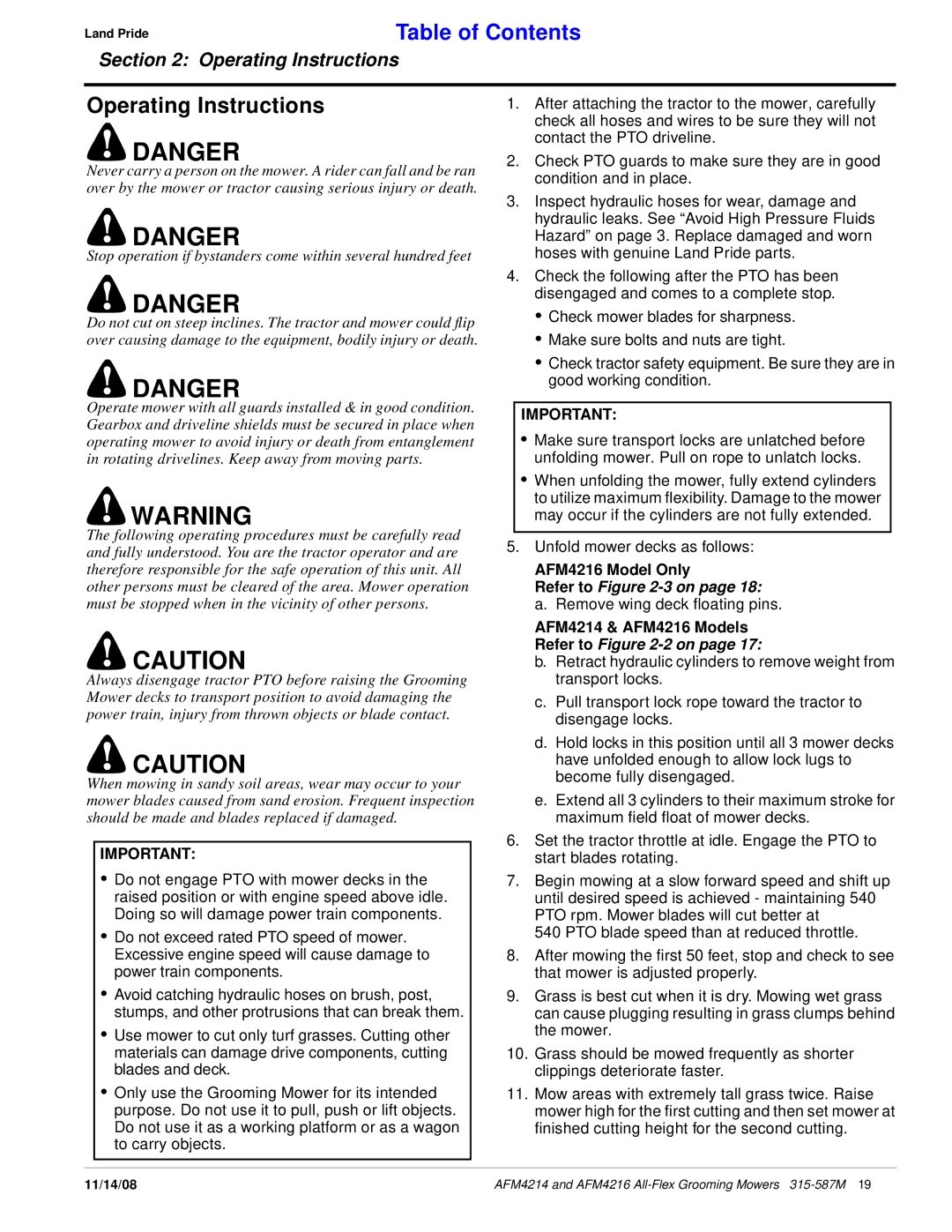 Land Pride manual Operating Instructions, AFM4214 & AFM4216 Models 