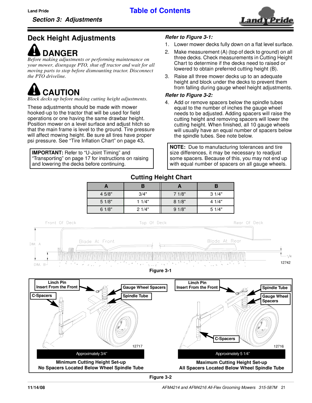 Land Pride AFM4214 manual Deck Height Adjustments, Cutting Height Chart 