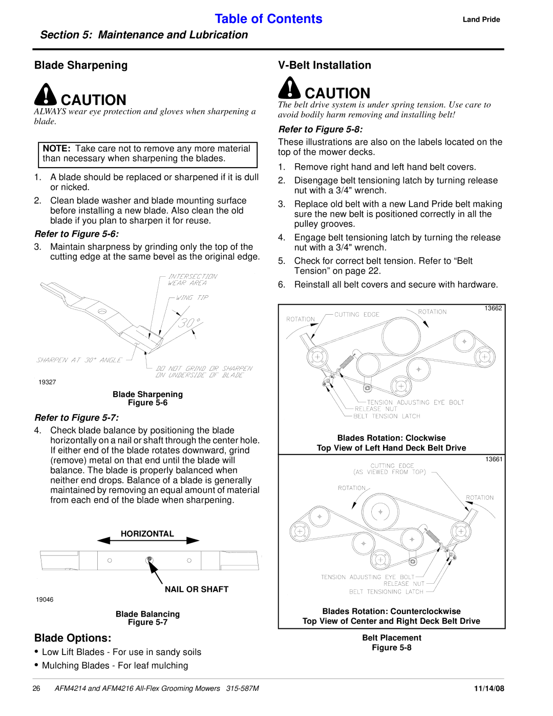 Land Pride AFM4214 manual Blade Sharpening Belt Installation, Blade Options 