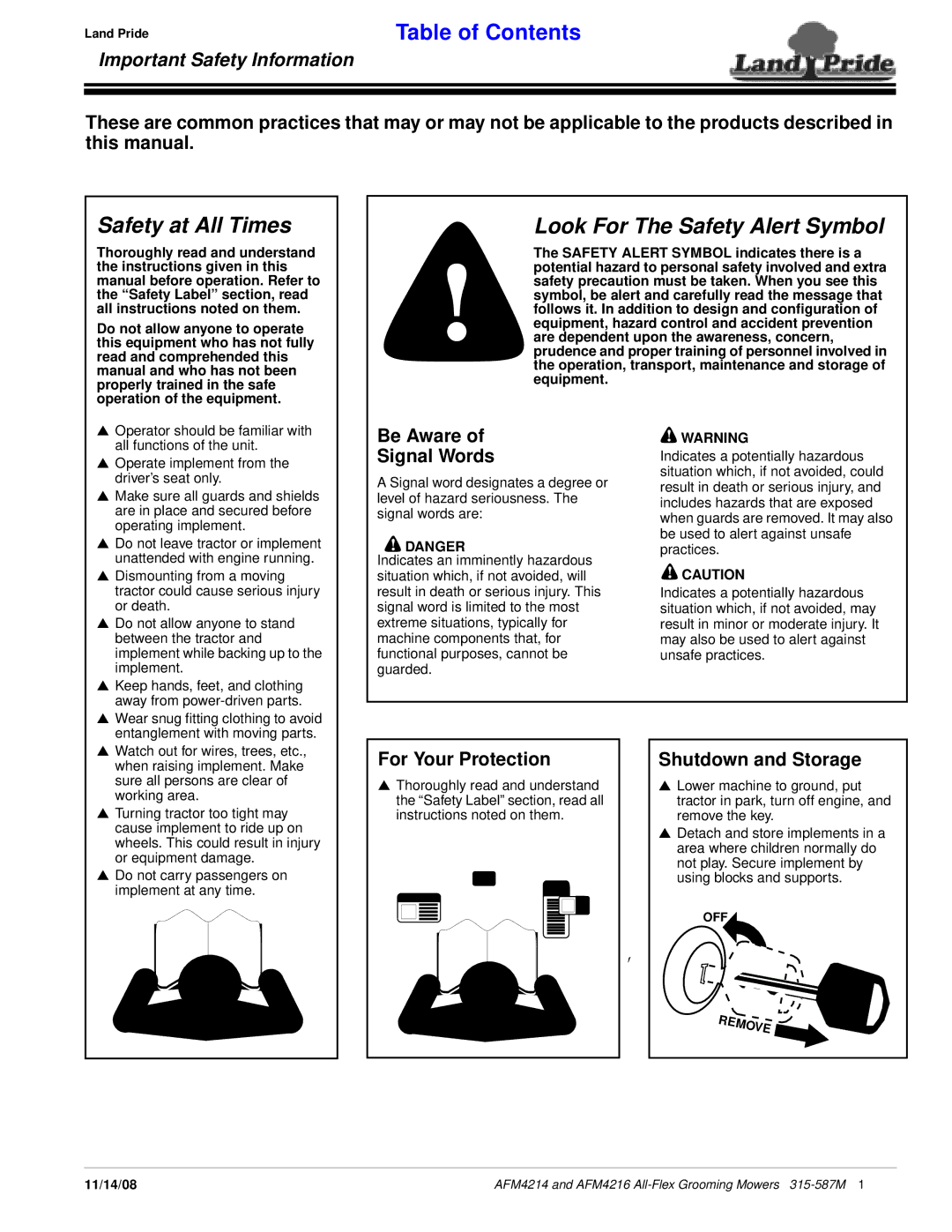 Land Pride AFM4214 manual Safety at All Times 