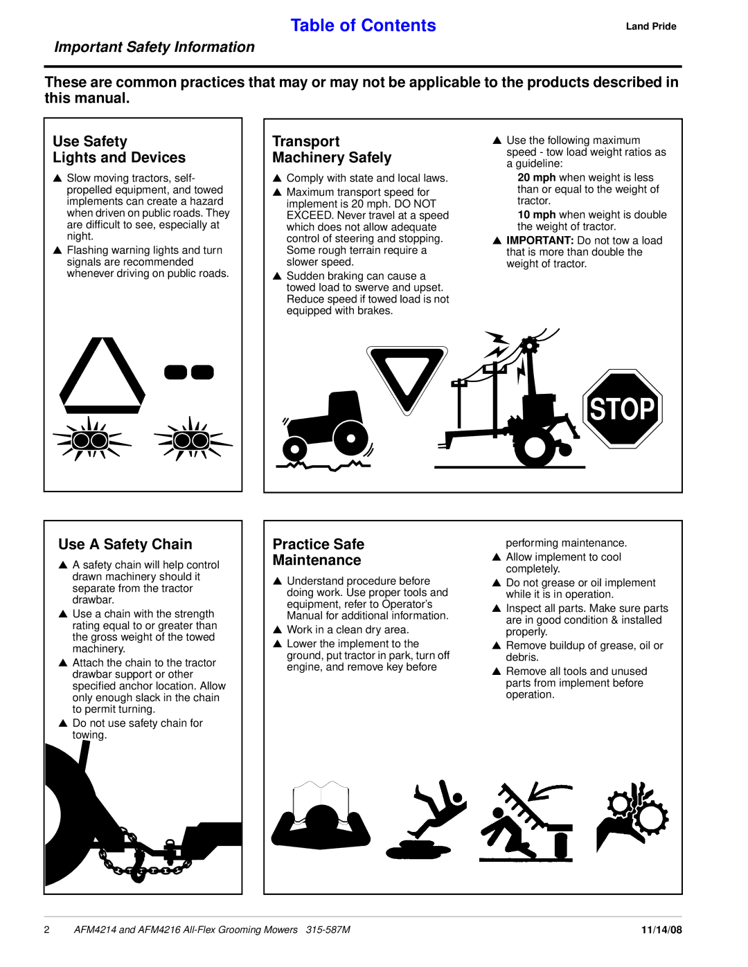 Land Pride AFM4214 manual Transport Machinery Safely, Use a Safety Chain, Practice Safe Maintenance 