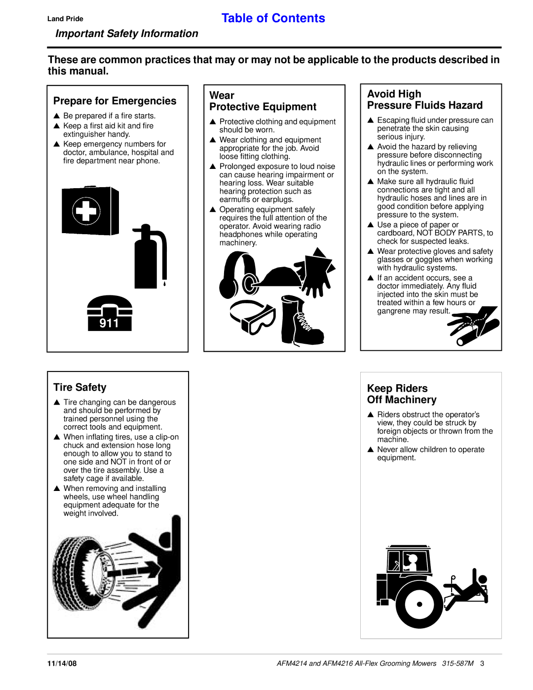 Land Pride AFM4214 Tire Safety, Wear Protective Equipment, Avoid High Pressure Fluids Hazard, Keep Riders Off Machinery 