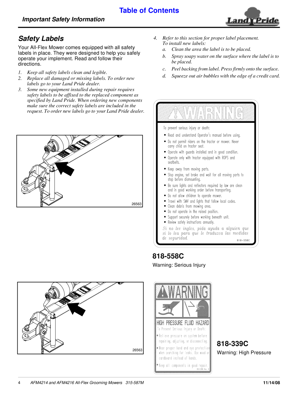 Land Pride AFM4214 manual Safety Labels, 818-339C 