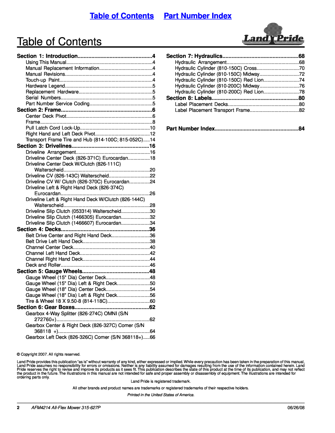 Land Pride AFM4214 Table of Contents Part Number Index, Introduction, Hydraulics, Labels, Frame, Drivelines, Decks 