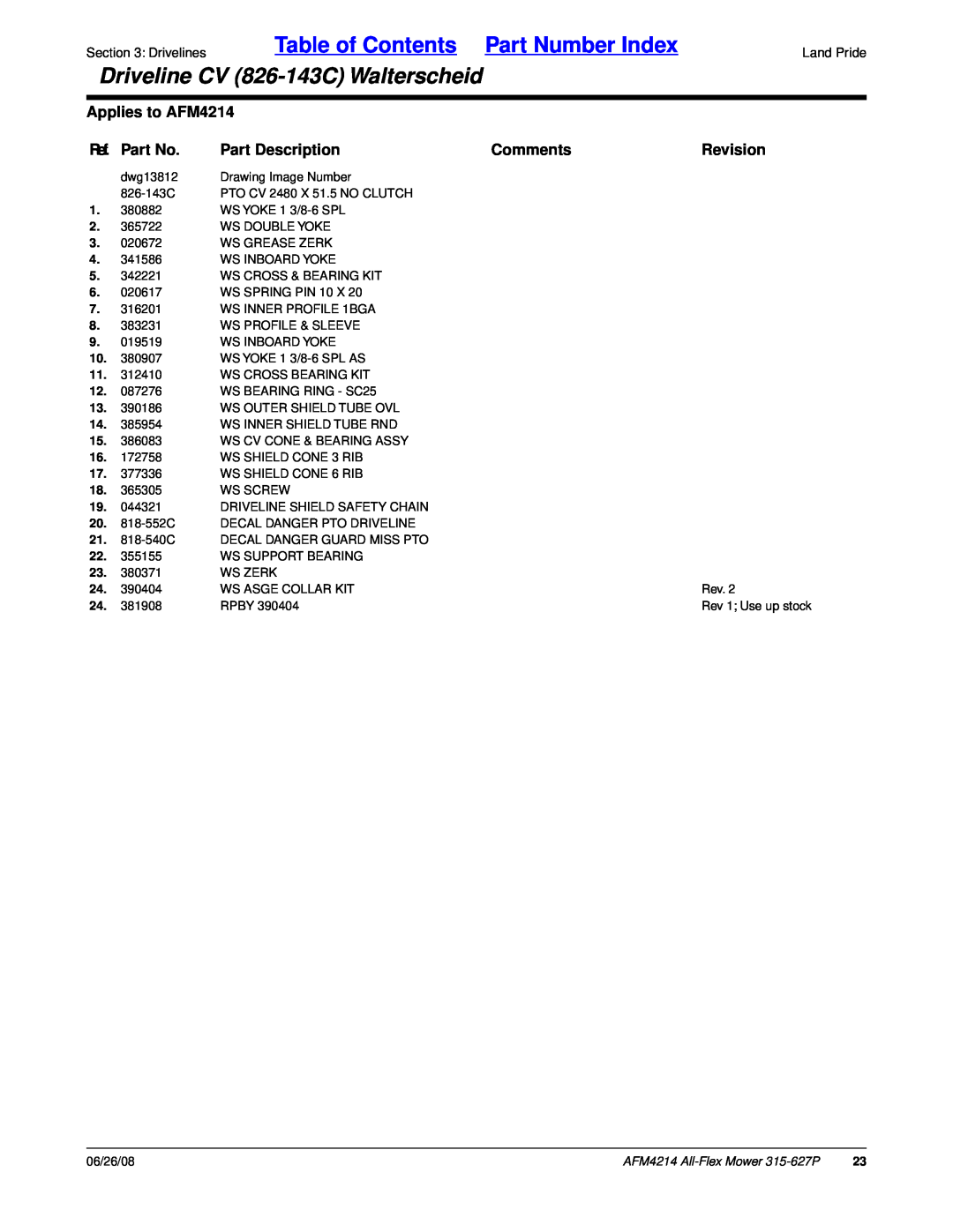 Land Pride Table of Contents Part Number Index, Driveline CV 826-143CWalterscheid, Applies to AFM4214, Ref. Part No 