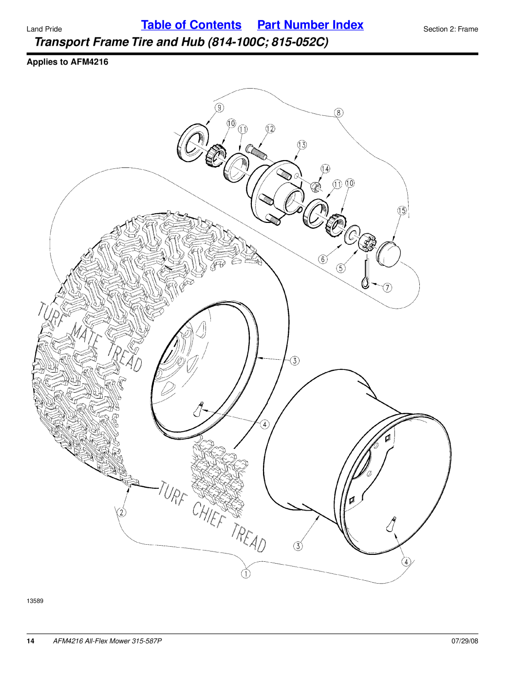 Land Pride AFM4216 manual Transport Frame Tire and Hub 814-100C 815-052C 