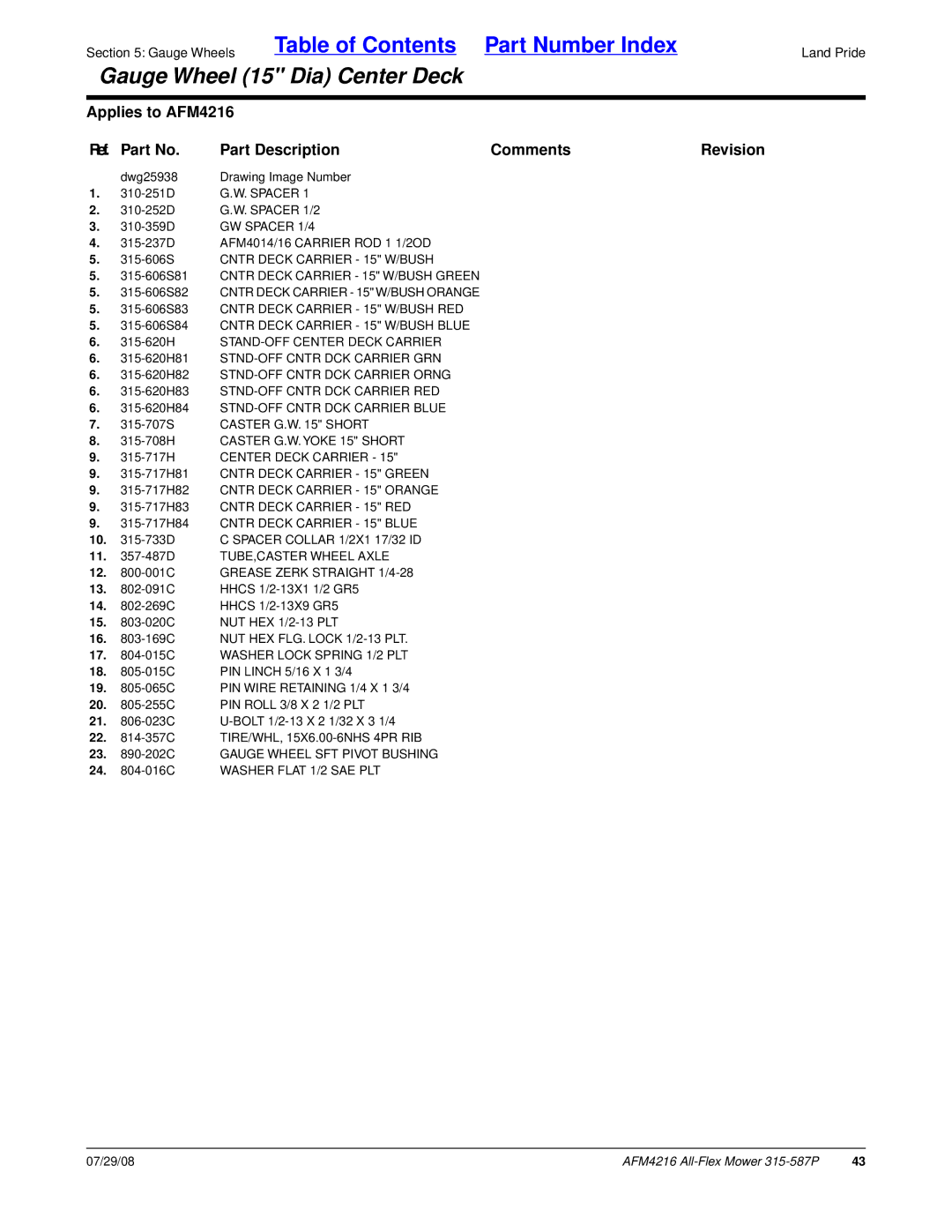 Land Pride AFM4216 manual Spacer 1/2, GW Spacer 1/4, Caster G.W Short, 11 -487D TUBE,CASTER Wheel Axle 