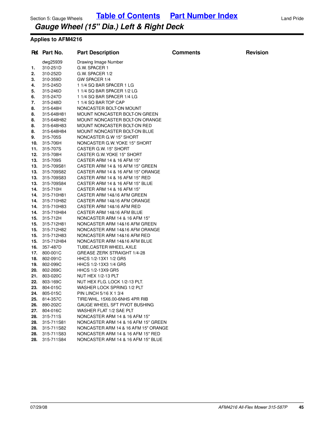 Land Pride AFM4216 manual Sq Bar Top Cap, 16 -487D TUBE,CASTER Wheel Axle, 23 -015C Washer Lock Spring 1/2 PLT 