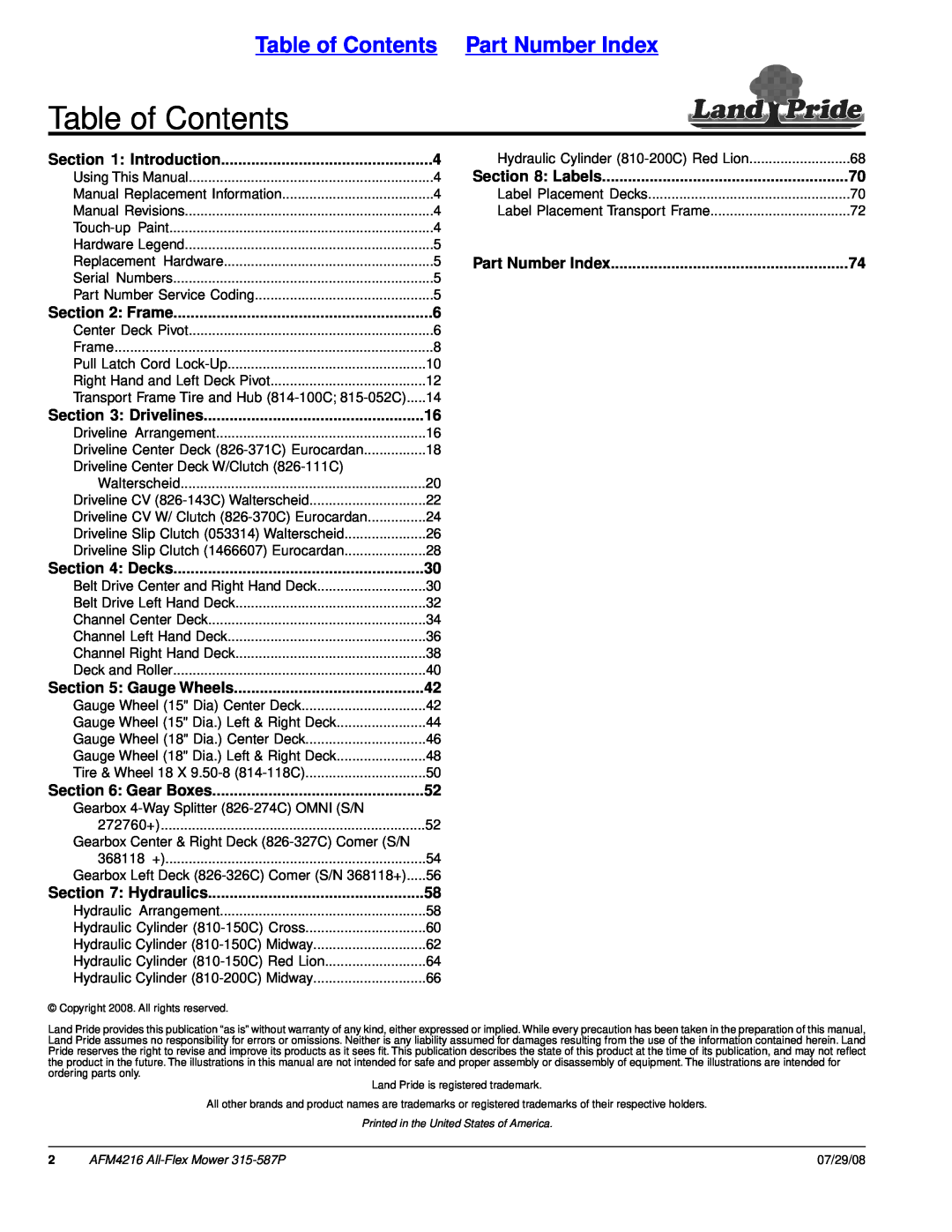 Land Pride AFM4216 manual Table of Contents Part Number Index, Introduction, Frame, Drivelines, Decks, Gauge Wheels 