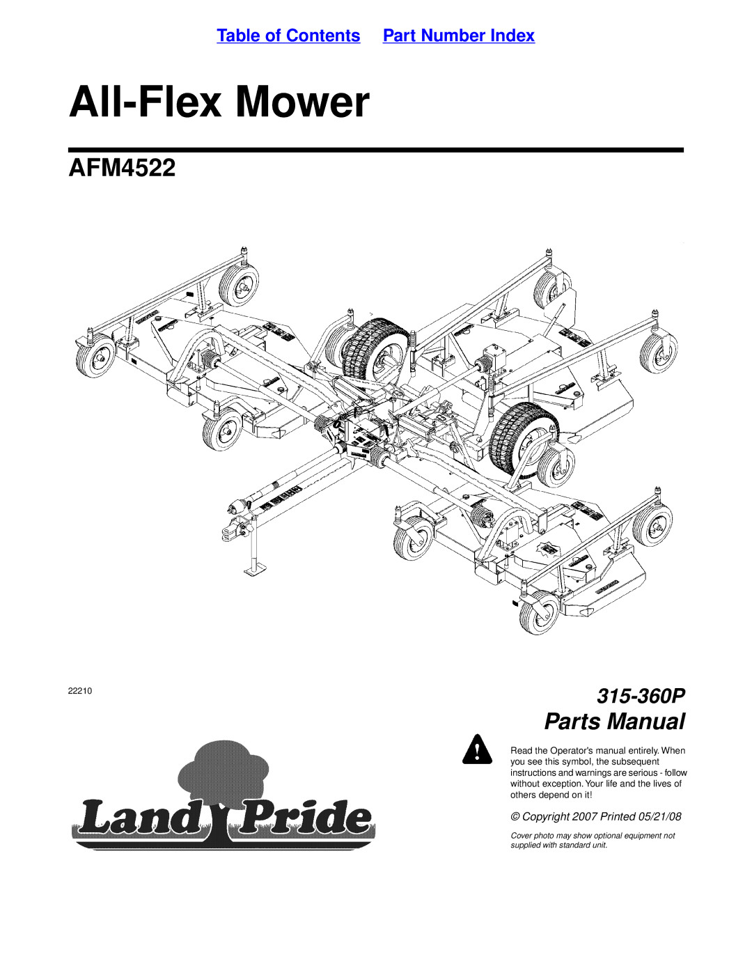 Land Pride AFM4522 manual All-Flex Mower 