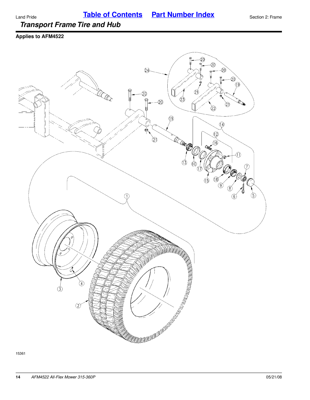 Land Pride AFM4522 manual Transport Frame Tire and Hub 