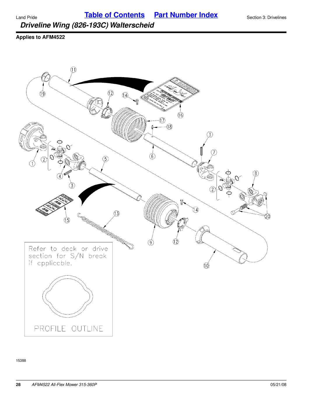 Land Pride AFM4522 manual Driveline Wing 826-193C Walterscheid 