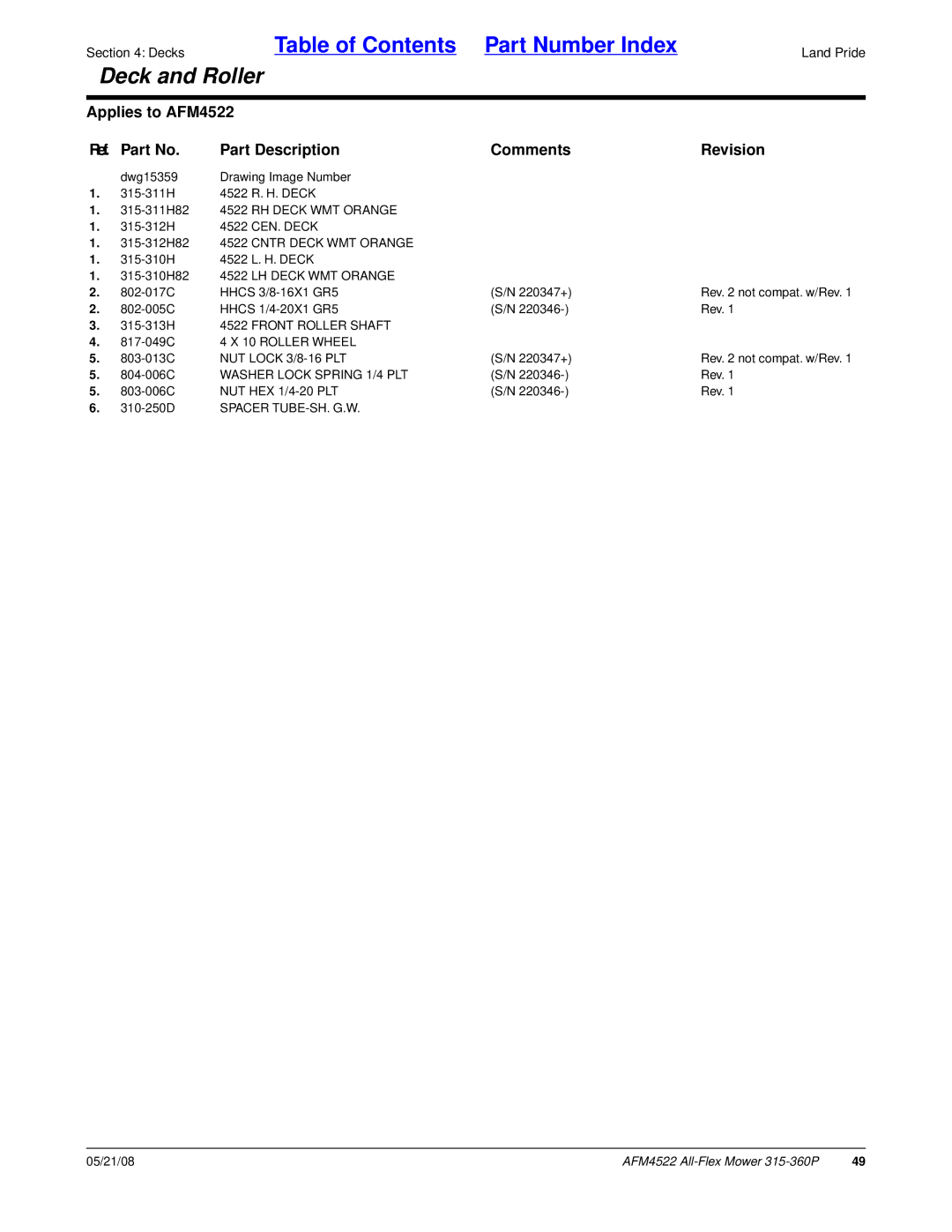 Land Pride AFM4522 manual Dwg15359 Drawing Image Number 315-311H 4522 R. H. Deck, Spacer TUBE-SH. G.W 
