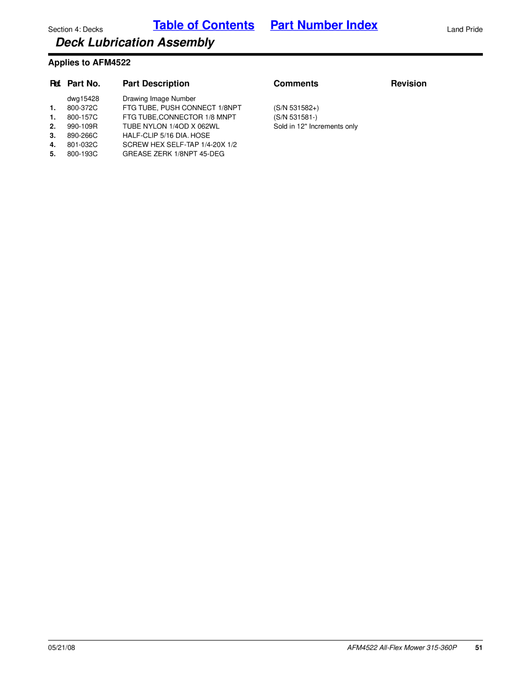 Land Pride AFM4522 manual FTG TUBE,CONNECTOR 1/8 Mnpt, Tube Nylon 1/4OD X 062WL, HALF-CLIP 5/16 DIA. Hose 