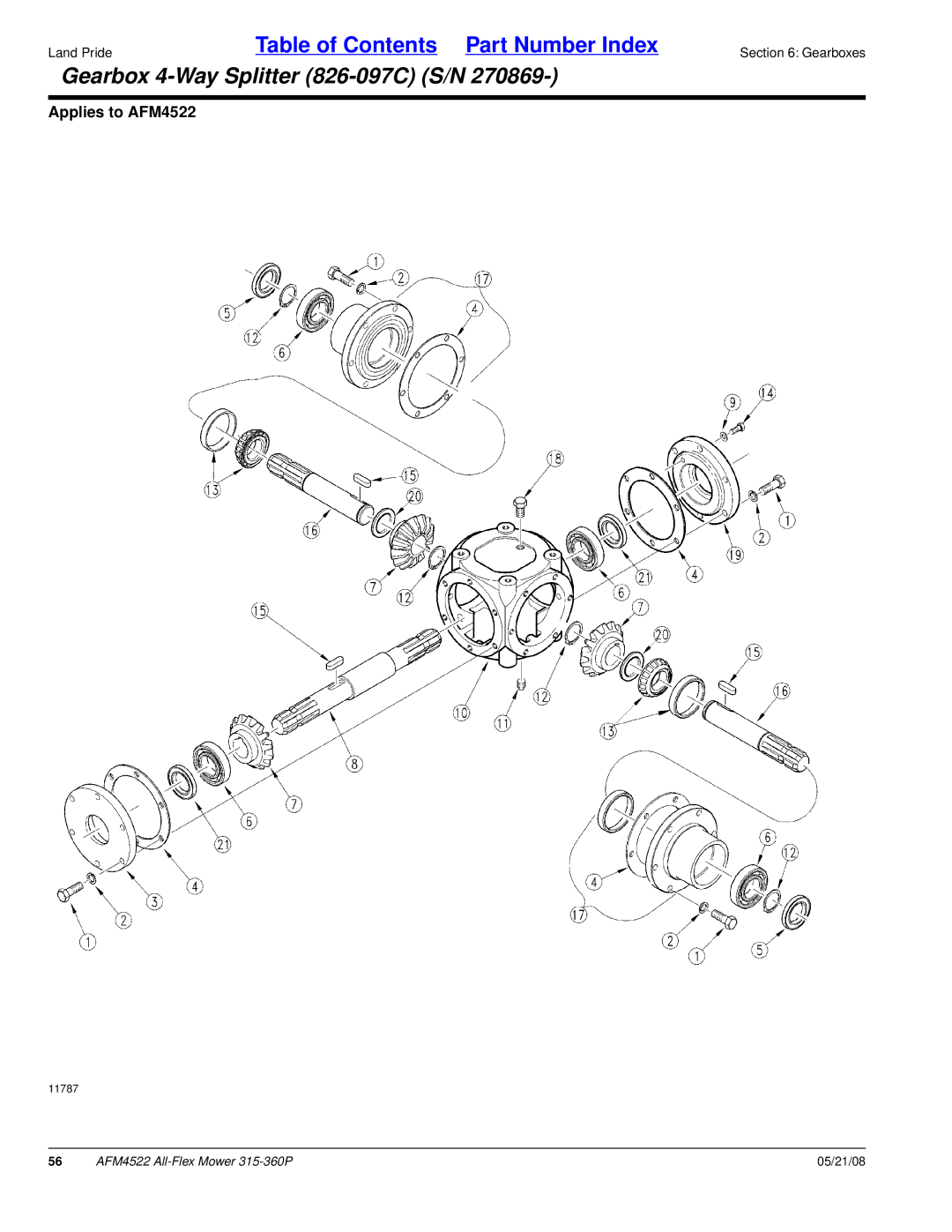 Land Pride AFM4522 manual Gearbox 4-Way Splitter 826-097C S/N 