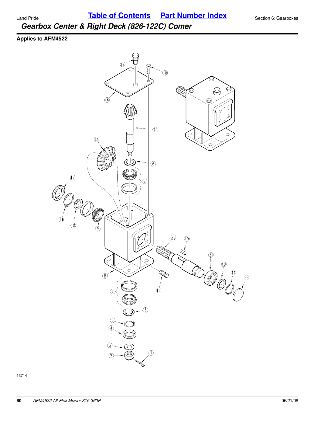 Land Pride AFM4522 manual Gearbox Center & Right Deck 826-122C Comer 