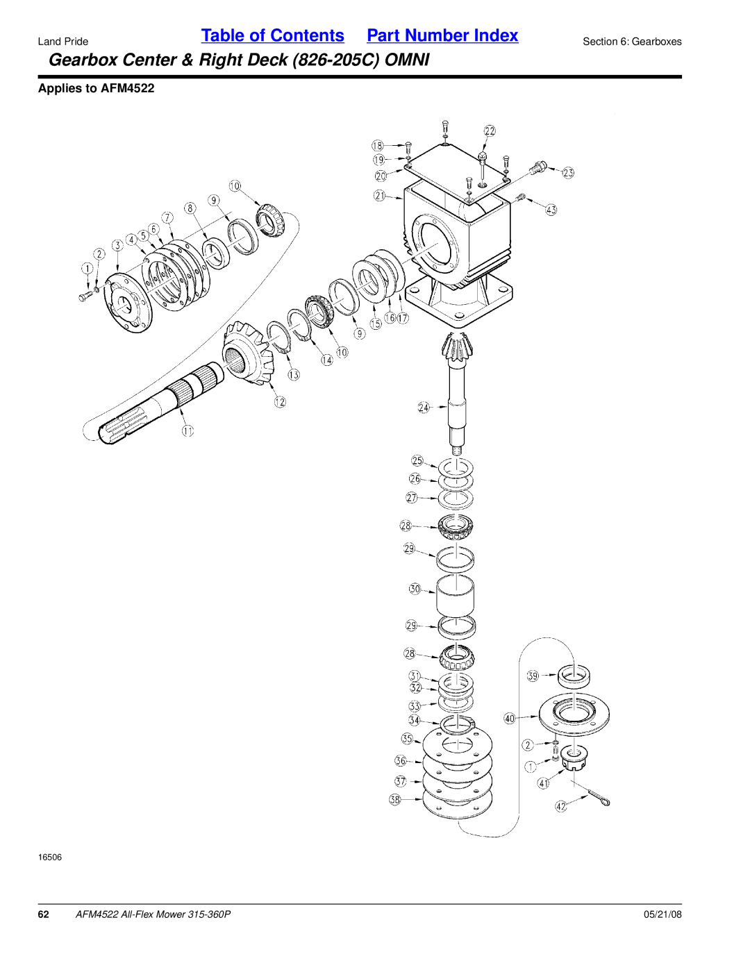 Land Pride AFM4522 manual Gearbox Center & Right Deck 826-205C Omni 