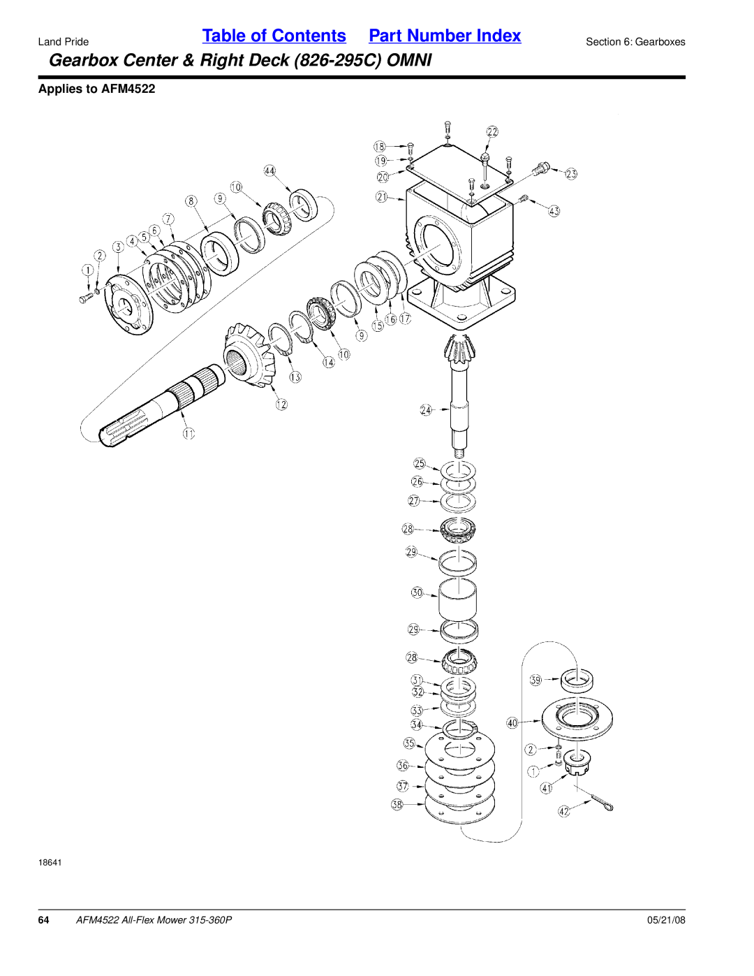 Land Pride AFM4522 manual Gearbox Center & Right Deck 826-295C Omni 