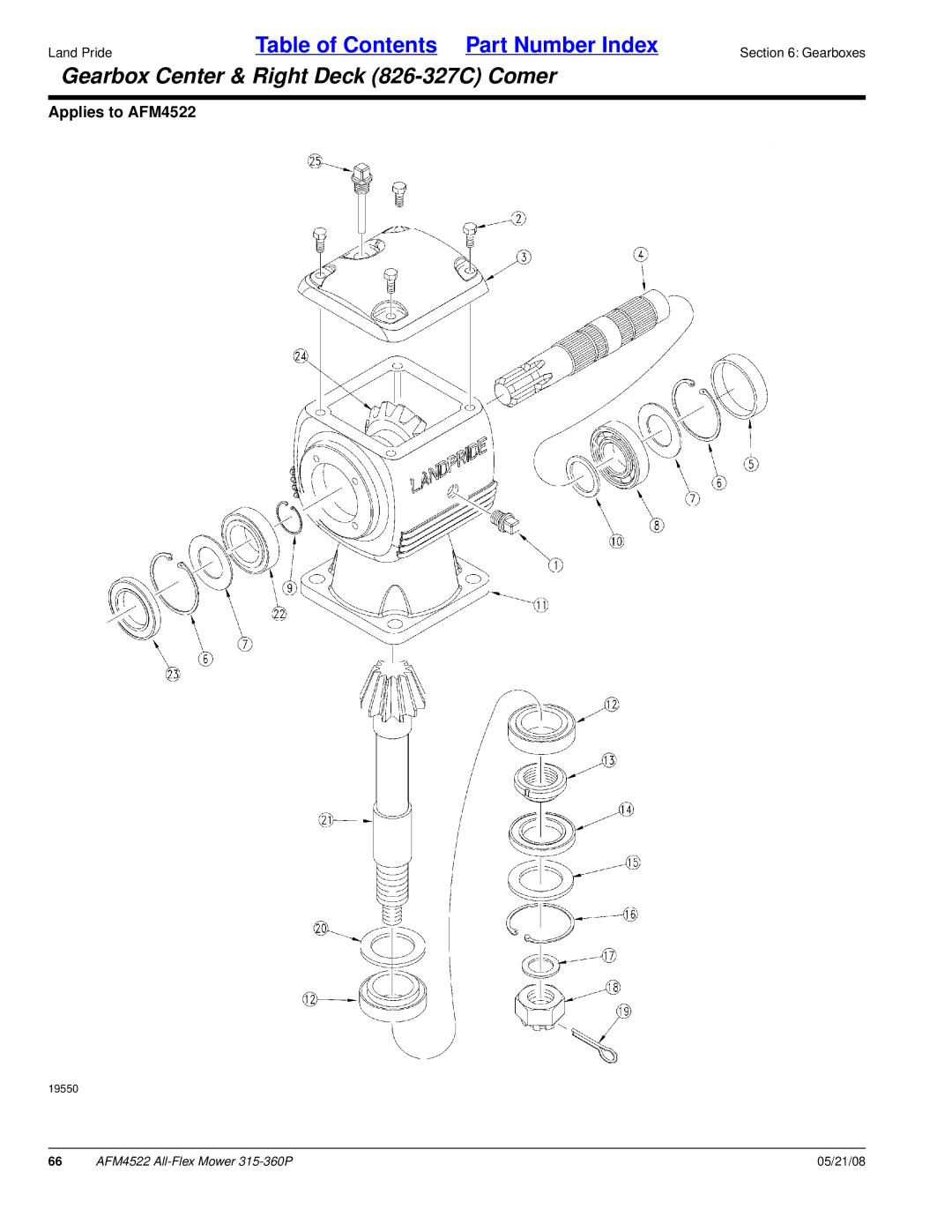 Land Pride AFM4522 manual Gearbox Center & Right Deck 826-327C Comer 