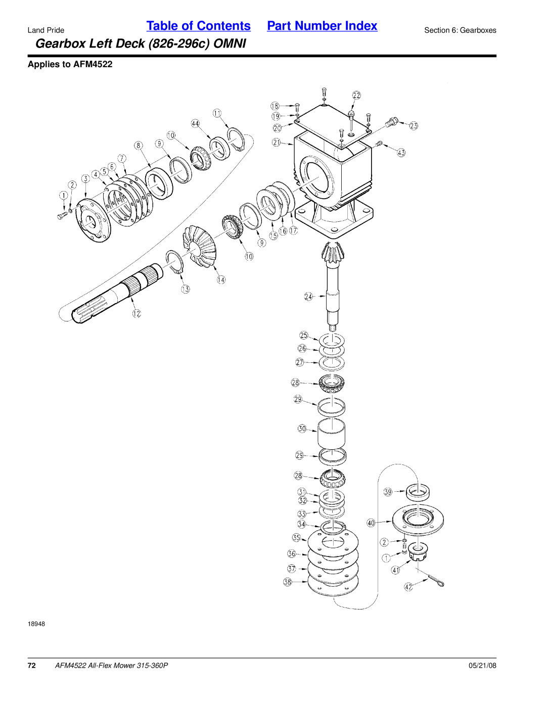 Land Pride AFM4522 manual Gearbox Left Deck 826-296c Omni 