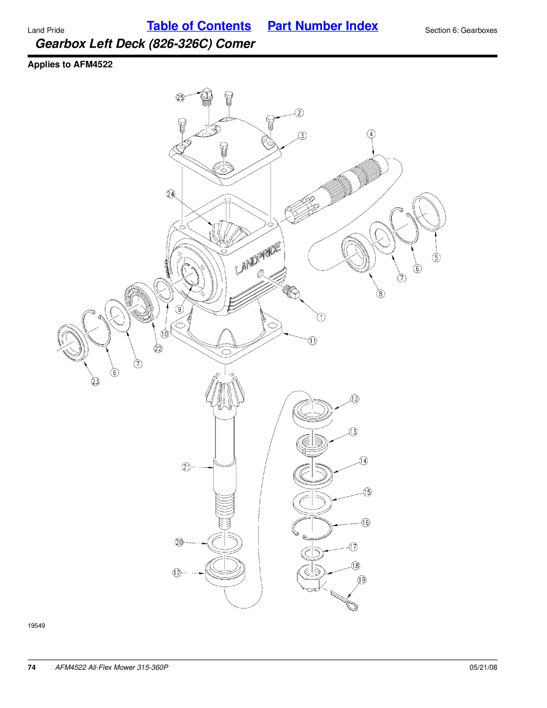 Land Pride AFM4522 manual Gearbox Left Deck 826-326C Comer 