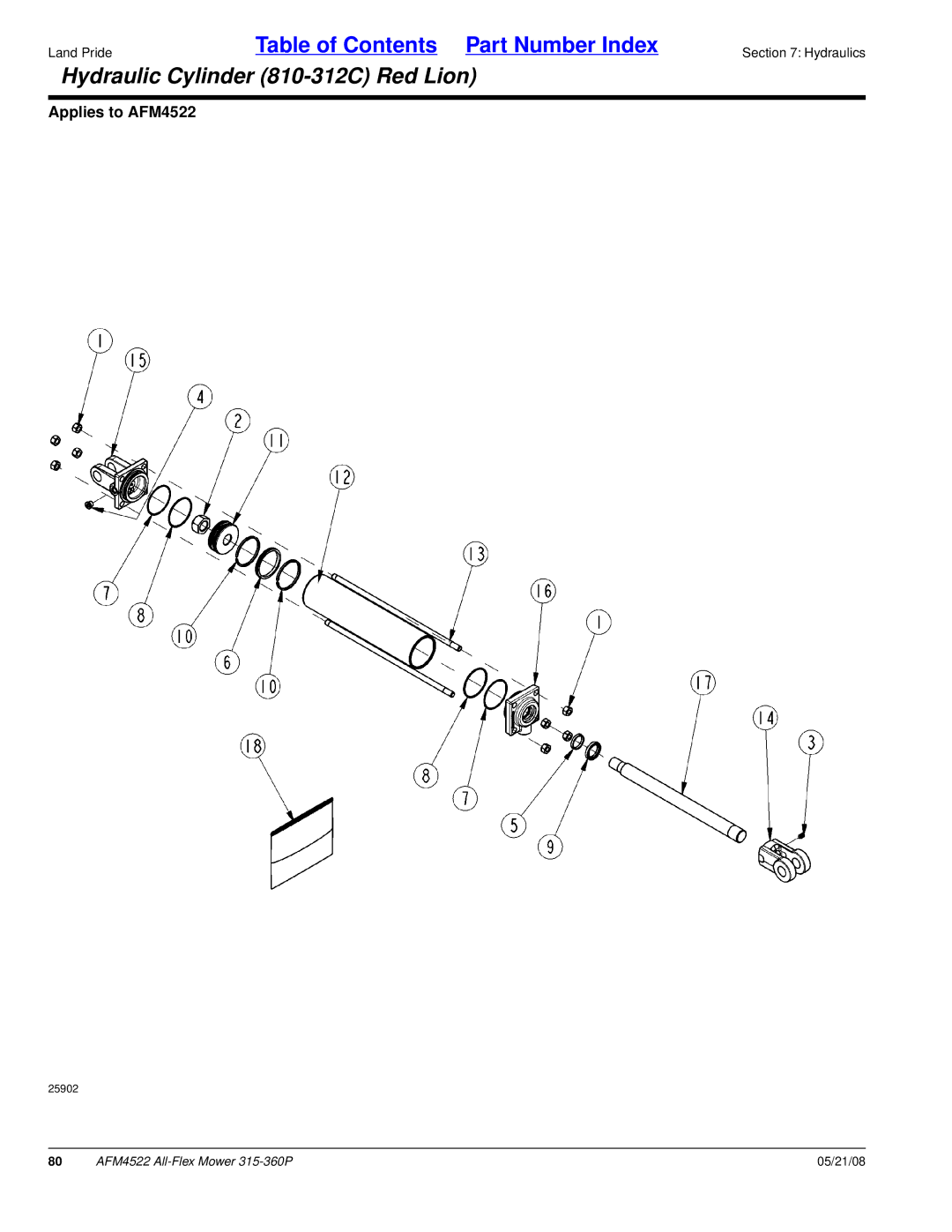 Land Pride AFM4522 manual Hydraulic Cylinder 810-312C Red Lion 