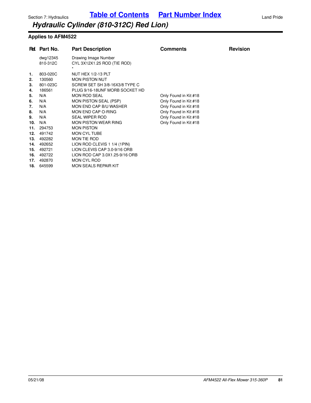 Land Pride AFM4522 MON Piston Seal PSP, MON END CAP B/U Washer, Seal Wiper ROD, MON CYL Tube, Mon Tie Rod, Mon Cyl Rod 