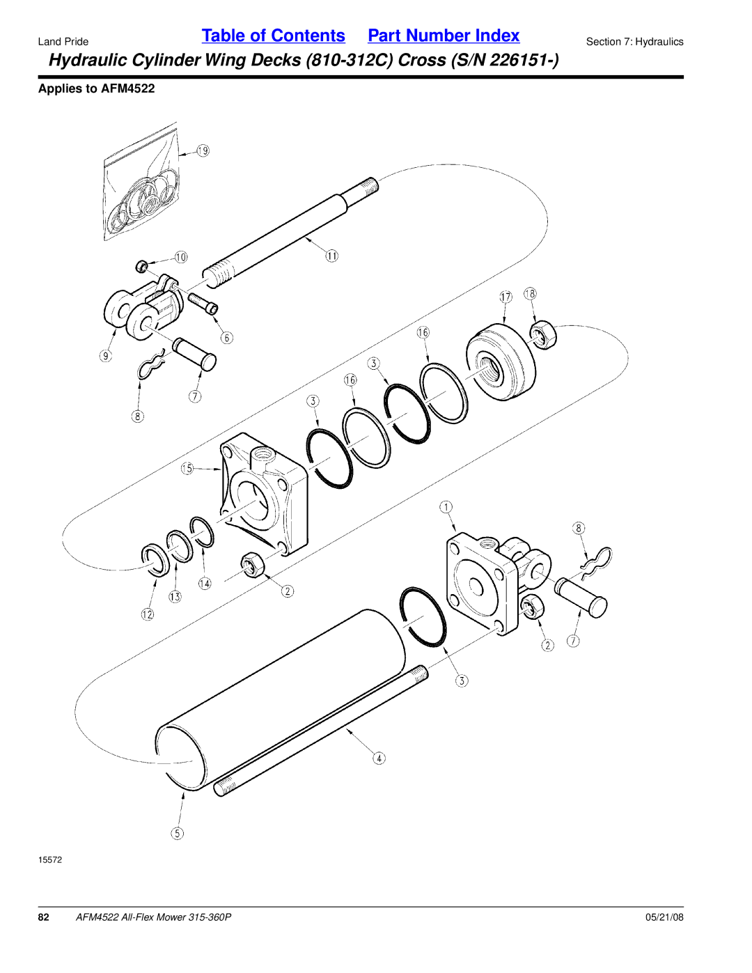 Land Pride AFM4522 manual Hydraulic Cylinder Wing Decks 810-312C Cross S/N 