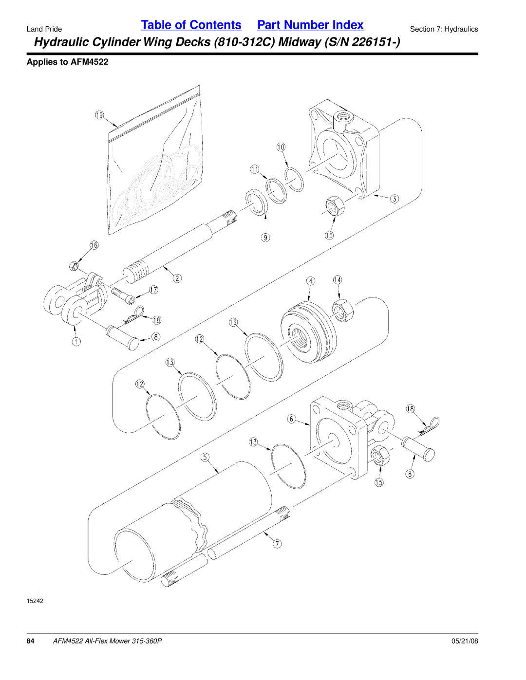 Land Pride AFM4522 manual Hydraulic Cylinder Wing Decks 810-312C Midway S/N 