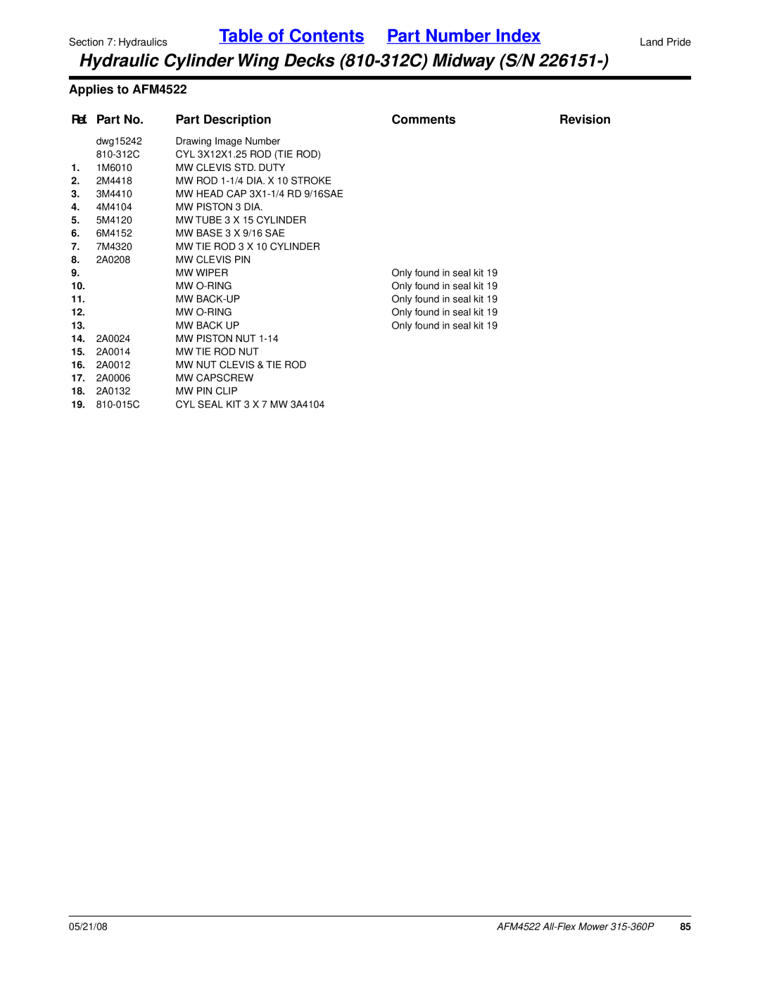 Land Pride AFM4522 MW Clevis STD. Duty, MW Piston 3 DIA, MW Tube 3 X 15 Cylinder, MW TIE ROD 3 X 10 Cylinder, Mw O-Ring 