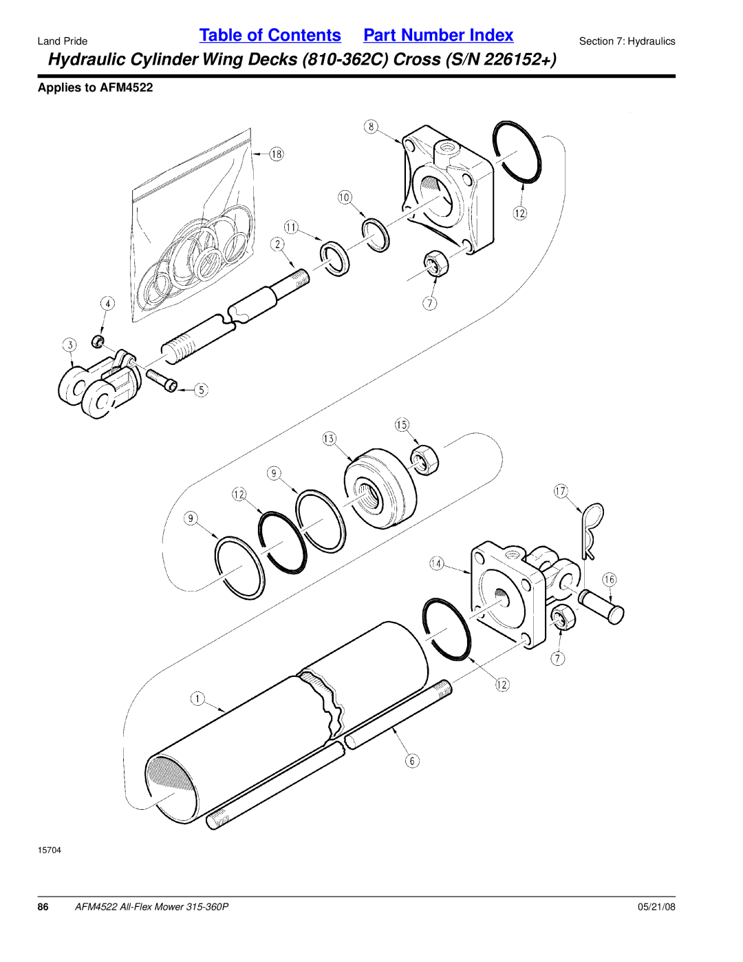 Land Pride AFM4522 manual Hydraulic Cylinder Wing Decks 810-362C Cross S/N 226152+ 