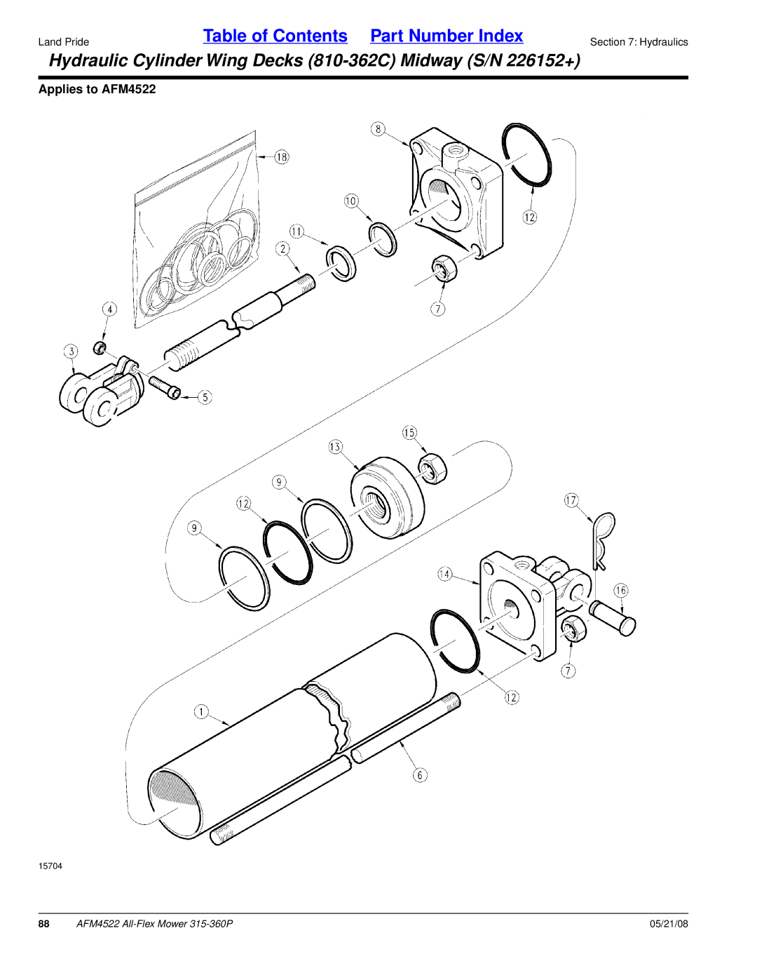 Land Pride AFM4522 manual Hydraulic Cylinder Wing Decks 810-362C Midway S/N 226152+ 