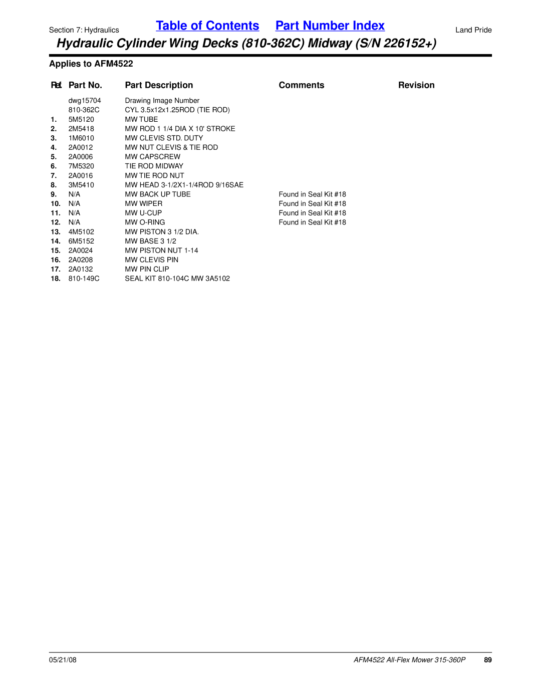 Land Pride AFM4522 MW Tube, MW ROD 1 1/4 DIA X 10 Stroke, TIE ROD Midway, MW Back UP Tube, Mw U-Cup, MW Piston 3 1/2 DIA 