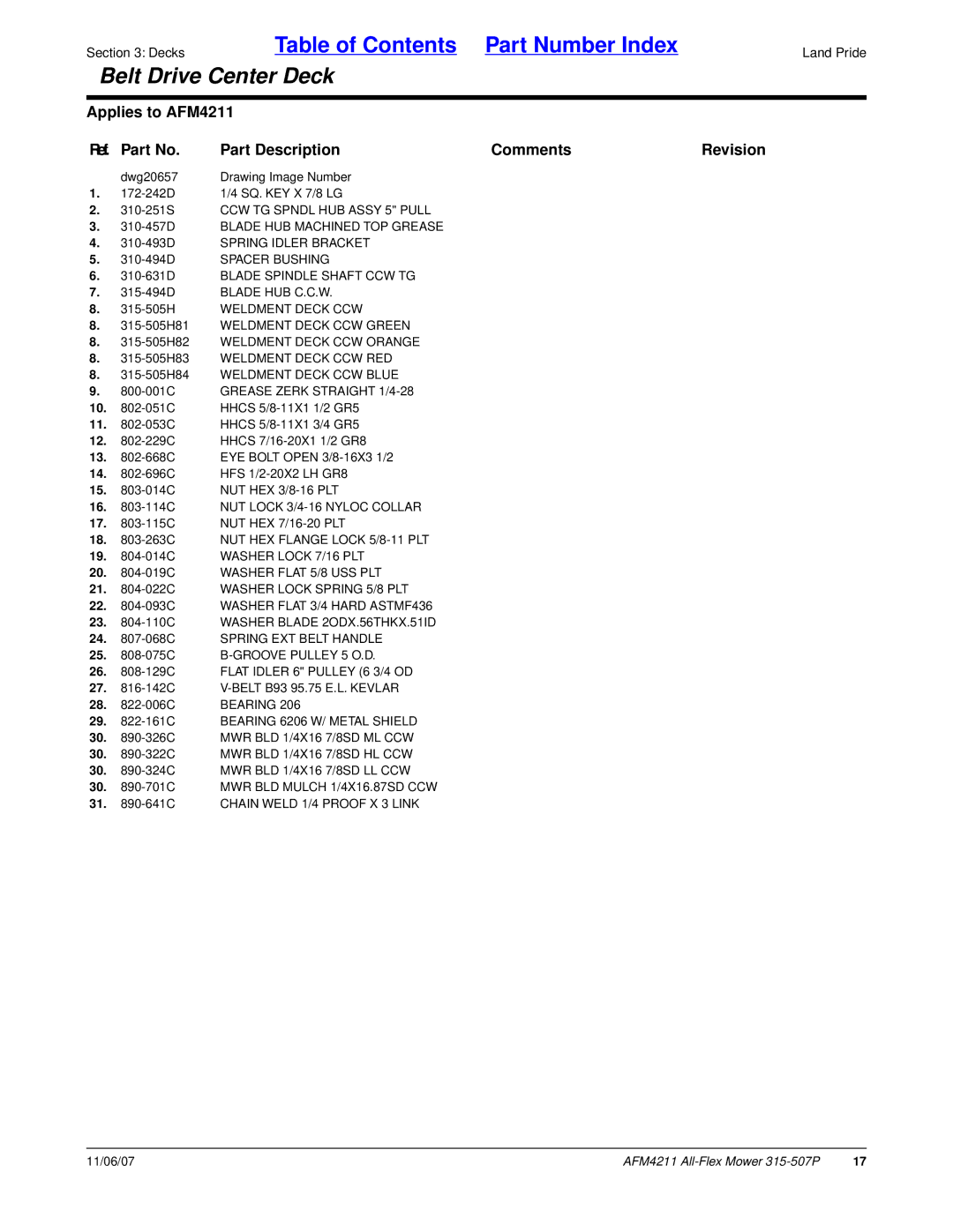 Land Pride 315-507P, All-Flex Mower, AFM4211 21 -022C Washer Lock Spring 5/8 PLT, 24 -068C Spring EXT Belt Handle, Bearing 