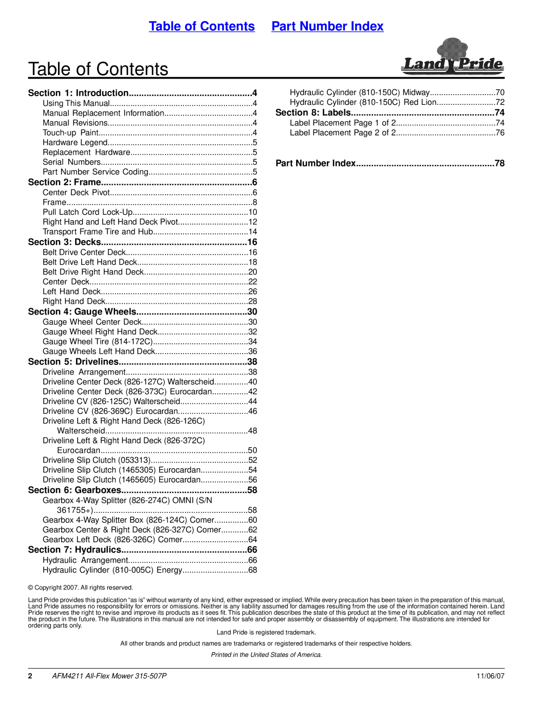 Land Pride 315-507P, All-Flex Mower, AFM4211 manual Table of Contents 